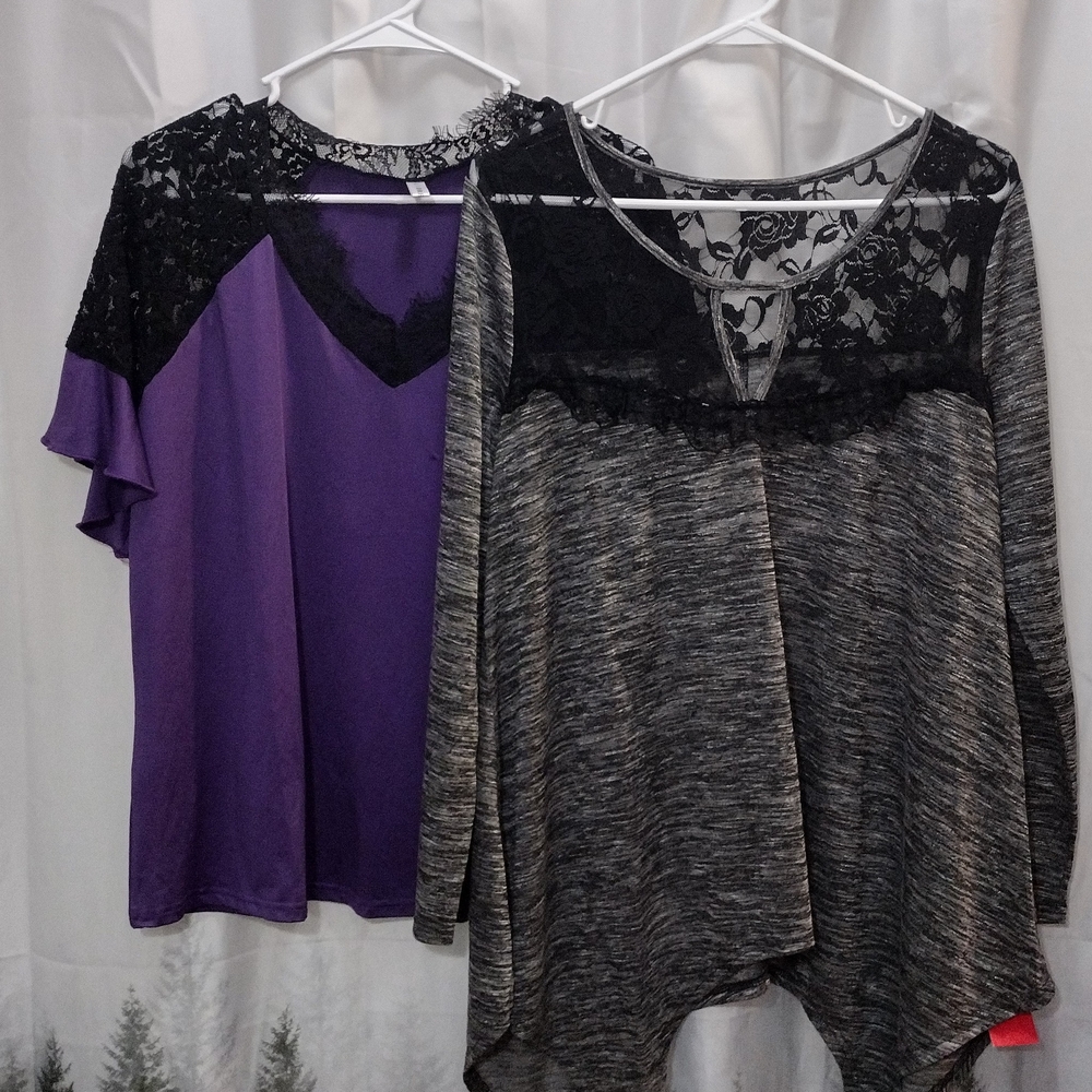 Lace Accent Women's Tops - Purple and Gray